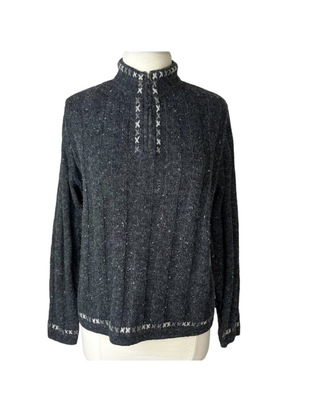 Woolrich Pullover Sweater Lambs Wool Blend Medium Onyx Heather Nordic Zip Closur